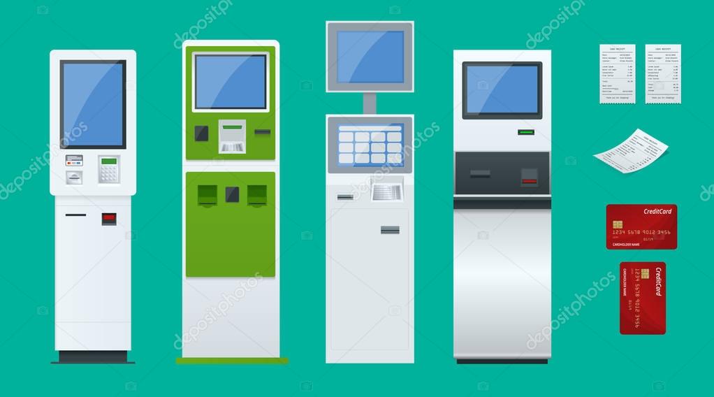 Flat set vector online payment systems and self-service payments terminals, debit credit card and cash receipt. NFC payments, Payment terminal, Digital touch screen, interactive kiosk concept