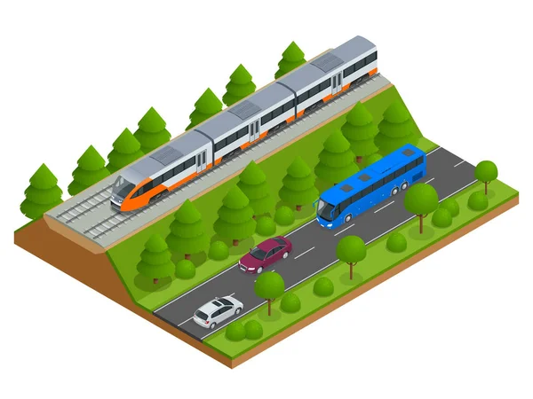Izometrikus vasúti pályák és modern vonat. Vasúti ikonok. Modern nagy sebességű piros elővárosi vonat. Lapos 3d izometrikus vector illusztráció. Infographics és design játékok. — Stock Vector
