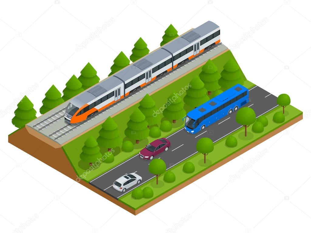 Isometric train tracks and modern train. Railroad icons. Modern high speed red commuter train. Flat 3d isometric vector illustration. For infographics and design games.