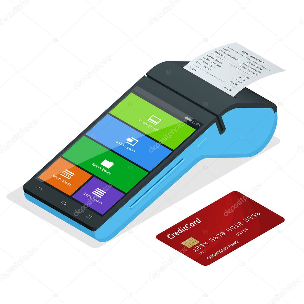 Vector payment machine and credit card. POS terminal confirms the payment by debit credit card, invoce. Isometric illustration in flat design. NFC payments concept