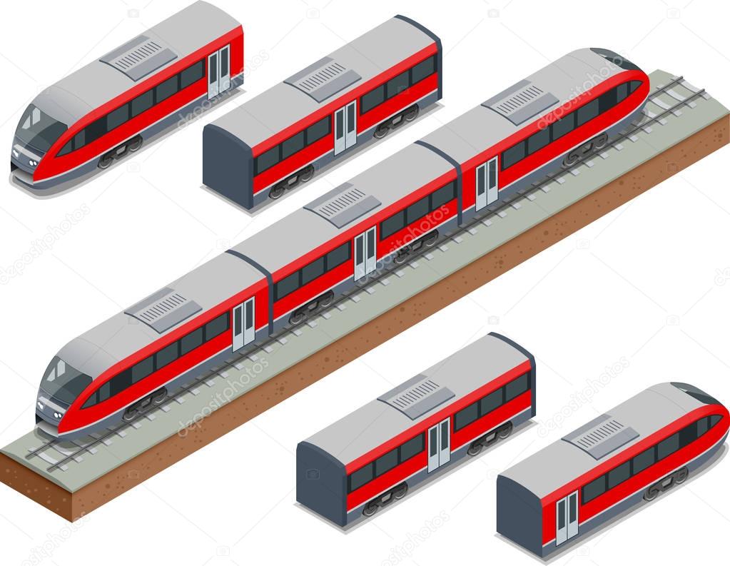 Isometric train tracks and modern high speed train Vector isometric illustration of a Fast-Train. Vehicles designed to carry large numbers of passengers.