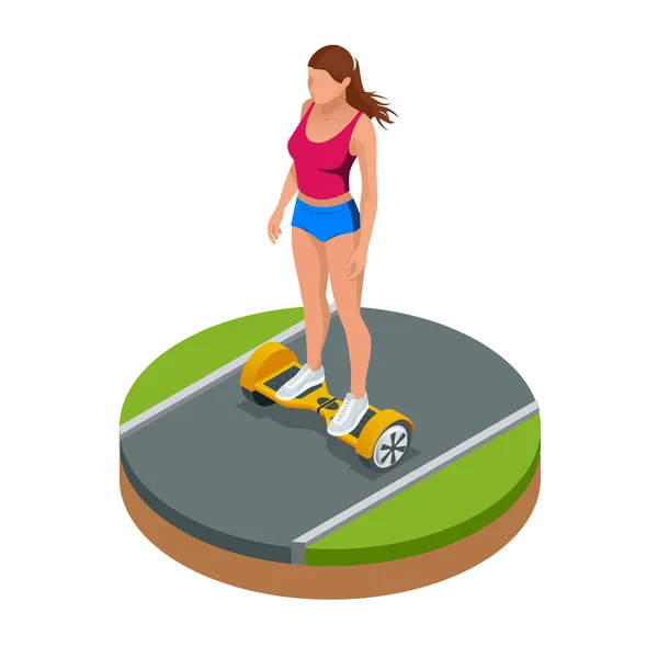 Isometric girl riding on hover board or gyroscooter outdoors in summer. Active life concept. Most popular gadget of the year. Alternative Eco Transport Self-balancing electric scooter. — Stock Vector