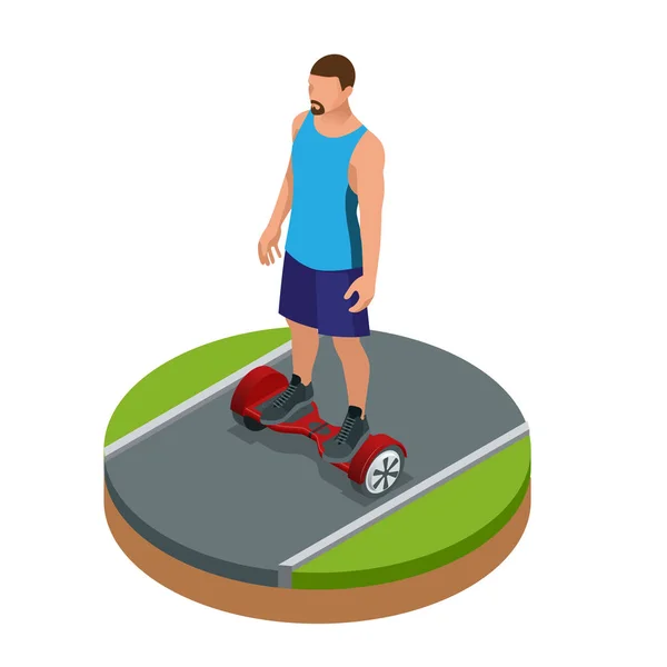 Isometric man riding on hover board or gyroscooter outdoors in summer. Active life concept. Most popular gadget of the year. Alternative Eco Transport Self-balancing electric scooter. — Stock Vector