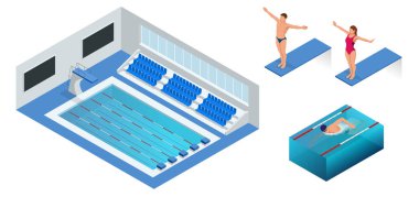 İzometrik insanlar suda içine dalış yüzme havuzu için dalgıç. Erkek yüzücü, o atlama ve kapalı spor Yüzme Havuzu dalış. Sportif adam.