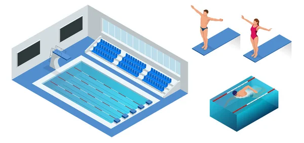 Isometrische Menschen, die ins Wasser springen, ins Schwimmbad springen, tauchen. männlicher Schwimmer, der ins Sporthallenbad springt und taucht. Sportlicher Mann. — Stockvektor