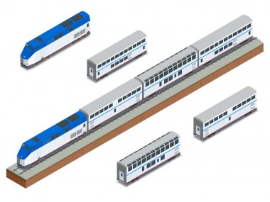 Isometric vector two-story long-distance passenger train closeup clipart