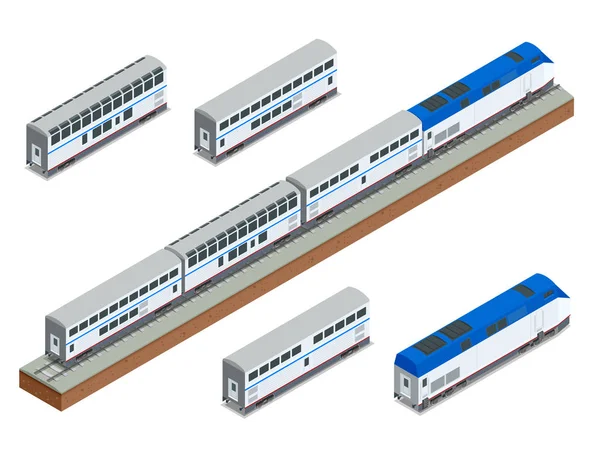 Ізометричний вектор двоповерховий пасажирський поїзд на далекі відстані крупним планом — стоковий вектор
