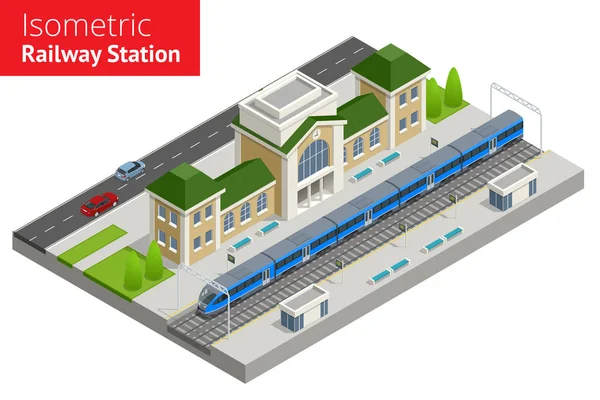 Isometrisches Bahnhofsgebäude mit Personenzügen, Bahnsteig. — Stockvektor