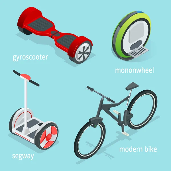 Conjunto vetorial isométrico de Transporte Alternativo Eco isolado sobre um fundo azul. Segway, Monowheel ou Solowheel, Hoverboard ou Gyroscooter, scooter elétrico de auto-equilíbrio . — Vetor de Stock