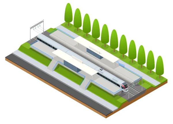 ベクター等尺性インフォ グラフィック要素鉄道駅建物ターミナル。市内電車。ファサード駅公共鉄道駅舎の旅客列車、プラットフォーム、関連するインフラストラクチャを構築 — ストックベクタ