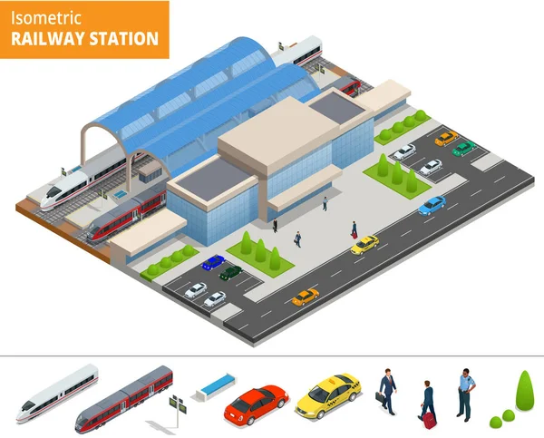 벡터 아이소메트릭 infographic 요소 철도 역 건물 터미널입니다. 도시 열차입니다. 건물 외관 기차 역 공공 기차 역 여객 열차, 플랫폼, 관련된 인프라 — 스톡 벡터