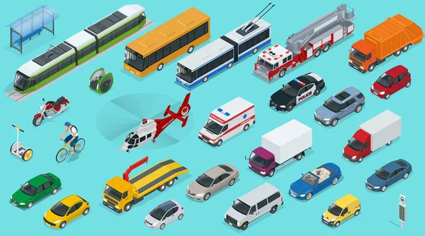 Conjunto de ícones de transporte isométrico plano 3d. Táxi, Ambulância, trólebus, Polícia, viagens de safári, Bicicleta, Mini, Trem do metrô, Bombeiro, caminhão de carga, ônibus, Carro elétrico, scooter, Sedan —  Vetores de Stock