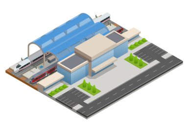 Vektör izometrik Infographic öğesi tren istasyonu bina Terminal. Şehir treni. Bina cephe tren istasyonu tren Gar Binası yolcu treni, platform, ilgili altyapı ile