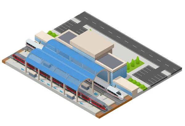 Vektor isometrisches Element Bahnhofsgebäude Terminal. S-Bahn. Gebäude Fassade Bahnhof öffentliches Bahnhofsgebäude mit Personenzügen, Bahnsteig, zugehörige Infrastruktur — Stockvektor