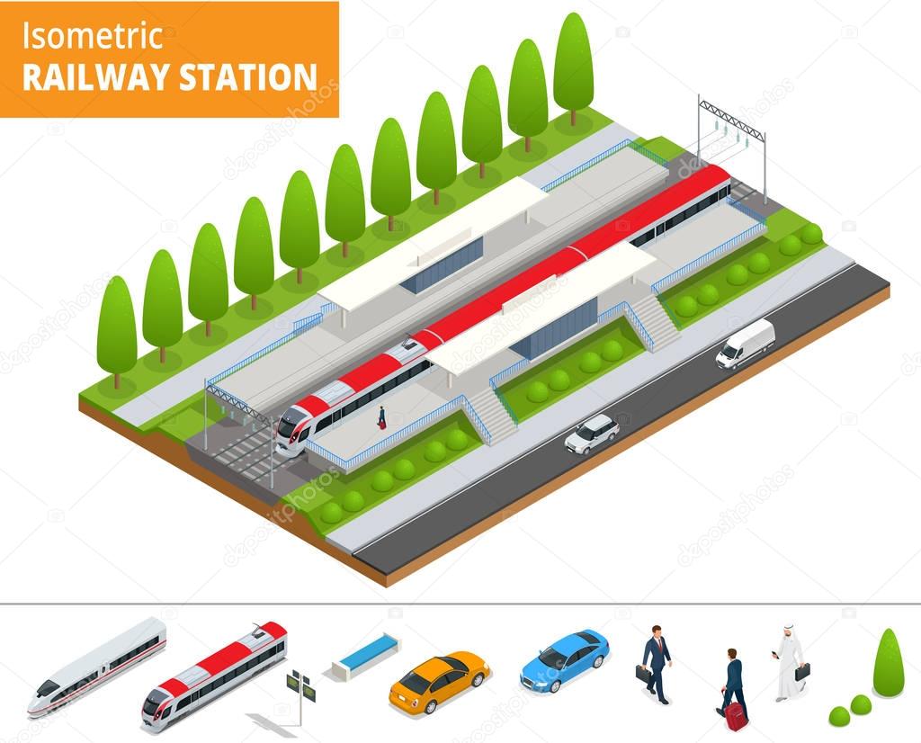 Vector isometric infographic element Railway Station Building Terminal. City Train. Building Facade Train Station public train station building with passenger trains, platform, related infrastructure