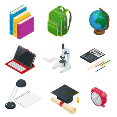 İzometrik eğitim kavramı. Açık kitap bilgi, okul için farklı eğitim malzemeleri iş akışı düzeni, afiş, diyagram, numara seçenekleri, web tasarım ve infographics için kullanılabilir.