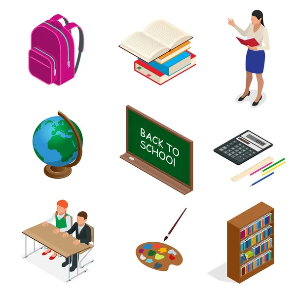 Isometric Educational Concept. Open book of knowledge, back to school, different educational supplies Can be used for workflow layout, banner, diagram, number options, web design and infographics. — Stock Vector