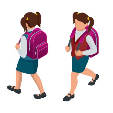 İzometrik kıza geri okul kavramı. Bir öğrenci okul üniformalı bir sırt çantası ile okula gider. Eğitim. Eğitim için çok mutluyum. İş akışı düzeni, afiş, oyun için kullanılan vektör çizim