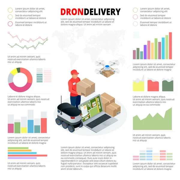 Negocios Infografías Drone Entrega rápida de mercancías en la ciudad Ilustración vectorial. Se puede utilizar para el diseño del flujo de trabajo, banner, diagrama, opciones de número, opciones de intensificación, diseño web . — Vector de stock