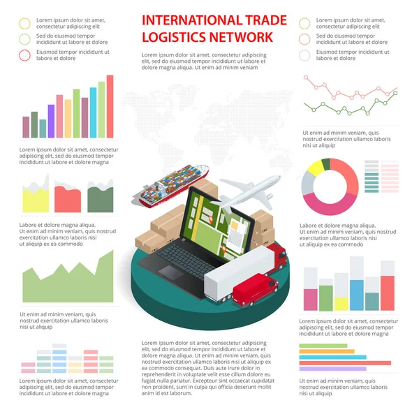 Infografica aziendale Global Logistics Network Illustrazione vettoriale Può essere utilizzato per layout del flusso di lavoro, banner, diagramma, opzioni di numero, opzioni di step up, web design . — Vettoriale Stock