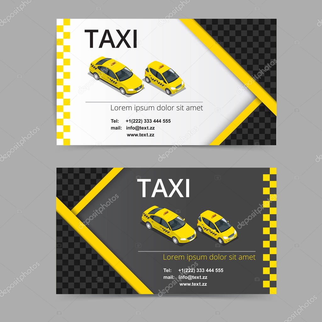 Business card design in black, white and yellow colors. Vector template for taxi company and taxi driver.