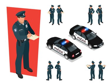 İzometrik polis memuru üniforma ve polis arabasında. Vektör çizim Isolated beyaz arka plan üzerinde. Sokak araba polis memuru acil servis araba
