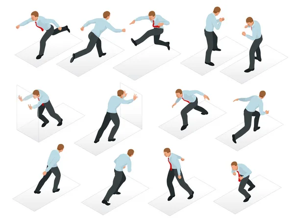 Ensemble isométrique de Businessman character design. 3D People homme d'affaires isométrique dans différentes poses isolé. Travailler au bureau . — Image vectorielle