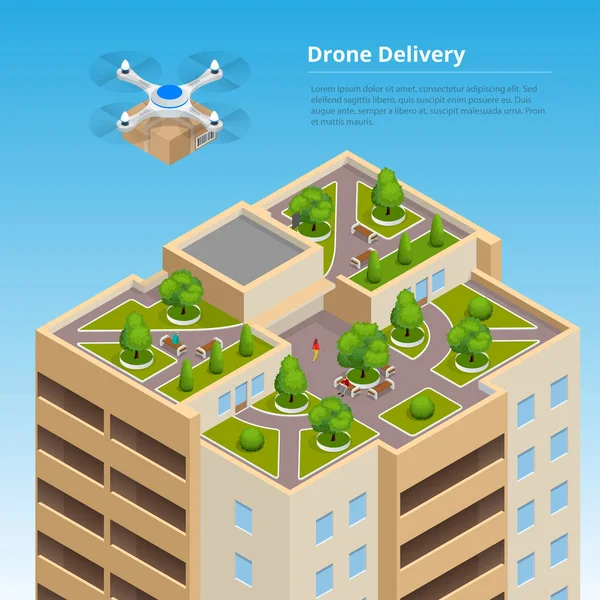 Isometric Drone Entrega rápida de mercadorias na cidade. Conceito de inovação de embarque tecnológico. Logística autónoma . —  Vetores de Stock