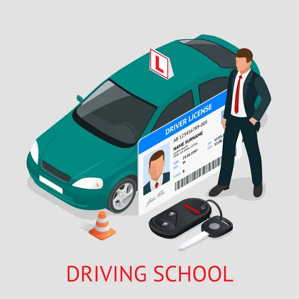 Sürüş Okulu veya sürücü için öğrenme tasarım konsepti. Düz izometrik çizimde — Stok Vektör