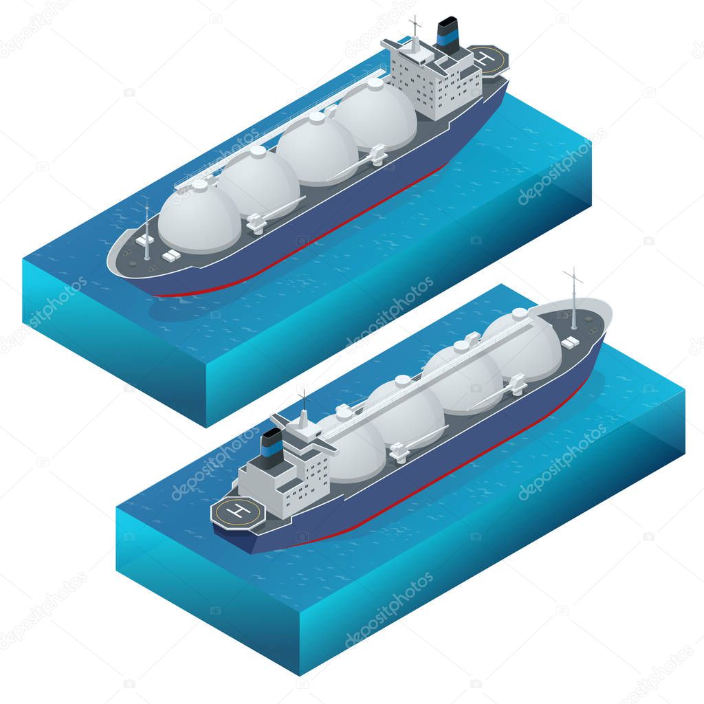 Isometric vector illustration gas tanker, flat design isolated on white background. Cargo ships. Oil, gas tanker. Container ship. LNG tanker