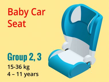 İzometrik Bebek Oto Koltuğu Grup 2,3 vektör çizim. Yol Güvenlik tipi çocuğu kısıtlama arkaya dönük çocuk koltuğu, öne bakan çocuk koltuğu, yükseltici yastık