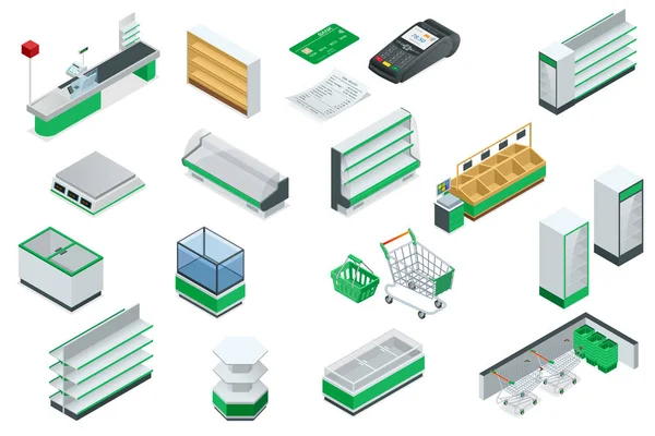 Vector isometrische supermarkt interieur plan. — Stockvector