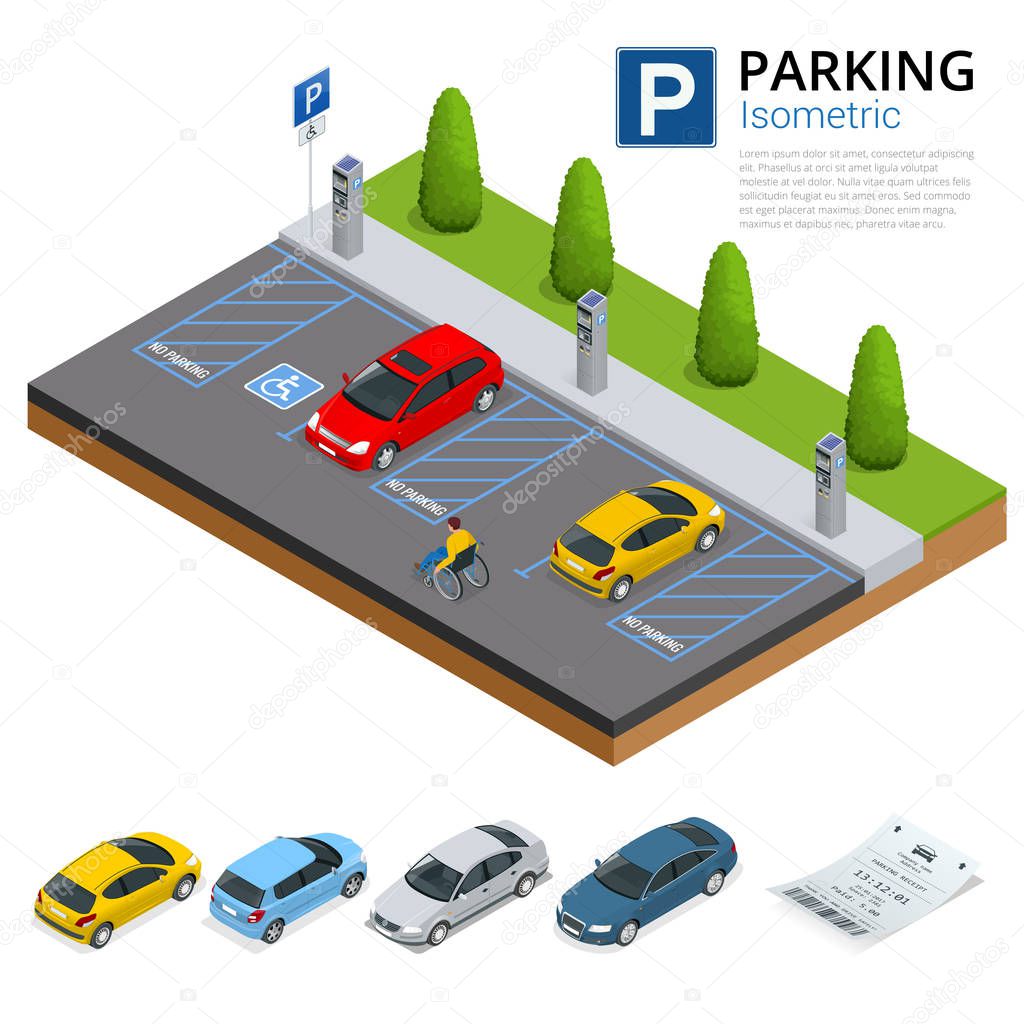 Isometric Cars in the parking lot or car parking. City parking vector web banner isometric flat vector style. Urban infrastructure and car boom.