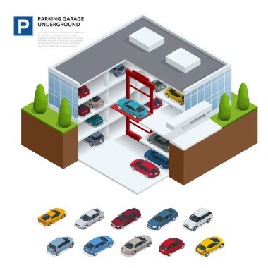 Yeraltı otoparkı. Kapalı otopark. Kentsel araba Park Servisi. 3D izometrik vektör çizim Infographic için düz.
