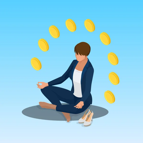 Giovane posizione yoga donna d'affari rilassante. Donna d'affari seduta in posa padmasana loto. Illustrazione vettoriale isometrica — Vettoriale Stock