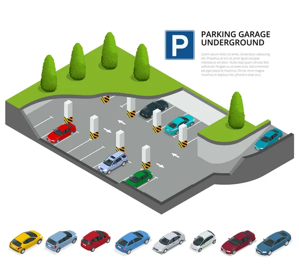 Parcheggio garage sotterraneo. Parcheggio coperto. Servizio parcheggio urbano. Illustrazione vettoriale isometrica 3d piatta per infografica . — Vettoriale Stock