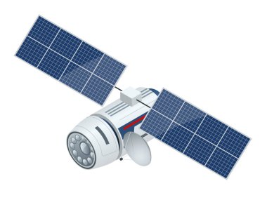 GPS uydu. Düz vektör izometrik çizim. Kablosuz uydu teknolojisi. Dünya küresel net.
