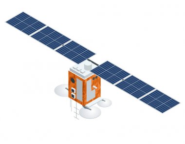 GPS uydu. Düz vektör izometrik çizim. Kablosuz uydu teknolojisi. Dünya küresel net.