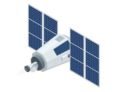 GPS uydu. Düz 3d izometrik çizim vektör. Kablosuz uydu teknolojisi. Dünya küresel net.