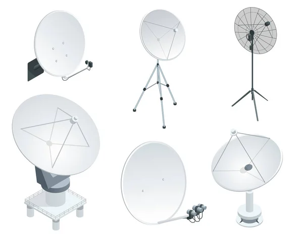 Conjunto isométrico Antenas antenas parabólicas sobre branco. Equipamentos de comunicação sem fios . —  Vetores de Stock