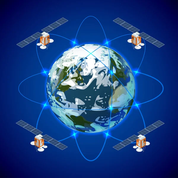 Intercambio de datos de redes y satélites sobre el planeta tierra en el espacio. Satélite GPS . — Vector de stock