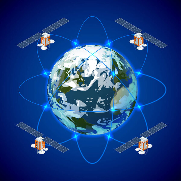 Network and satellite data exchange over planet earth in space. GPS satellite.