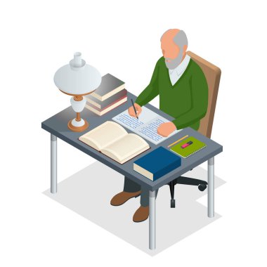 İzometrik yaşlı insanlar veya komuta sizde. Yaşlı adam kitap ve bir lamba ile bir masada oturur ve yazar. Beyaz arka plan üzerinde izole