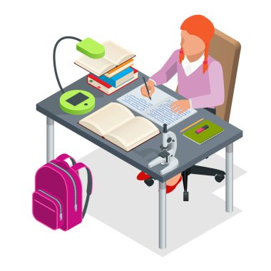 İzometrik genç insanlar ve öğrenci kavram. 6-8 yaşında bir kız öğrenci masada oturur ve yazar. Ev ödevleri veya ders. Beyaz arka plan üzerinde izole