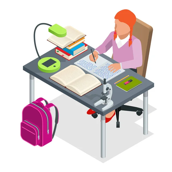 İzometrik genç insanlar ve öğrenci kavram. 6-8 yaşında bir kız öğrenci masada oturur ve yazar. Ev ödevleri veya ders. Beyaz arka plan üzerinde izole