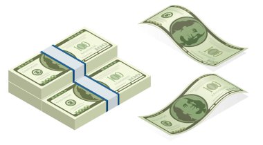 İzometrik vektör paket banknotlar. Amerikan Doları üzerinde beyaz arka plan illüstrasyon izole yüzlerce. Her mezhep bize para birimi Not. Para faturaları arka yüzlerine
