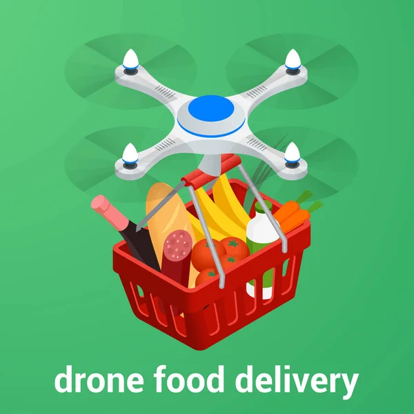 Concept de commerce électronique commander des aliments en ligne site. Livraison de drones service d'alimentation saine en ligne. Illustration vectorielle isométrique plate. Peut être utilisé pour la publicité, l'infographie, le jeu ou les applications mobiles icône — Image vectorielle