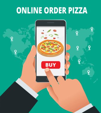 E-ticaret kavramı sipariş gıda online web sitesi. Fast food pizza teslimat online hizmet. Düz izometrik vektör çizim. Reklam, Infographic, oyun veya mobil apps simgesi için kullanılabilir