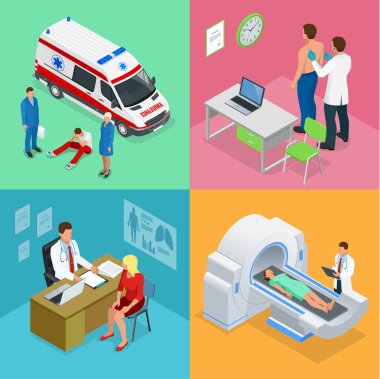 İzometrik sağlık görevlileri ambulans ekibi ambulans araba ile. Erkek doktor hasta hastanede bir stetoskop ile incelenmesi. Manyetik rezonans görüntüleme MRG vücudun. Tıp teşhis kavramı