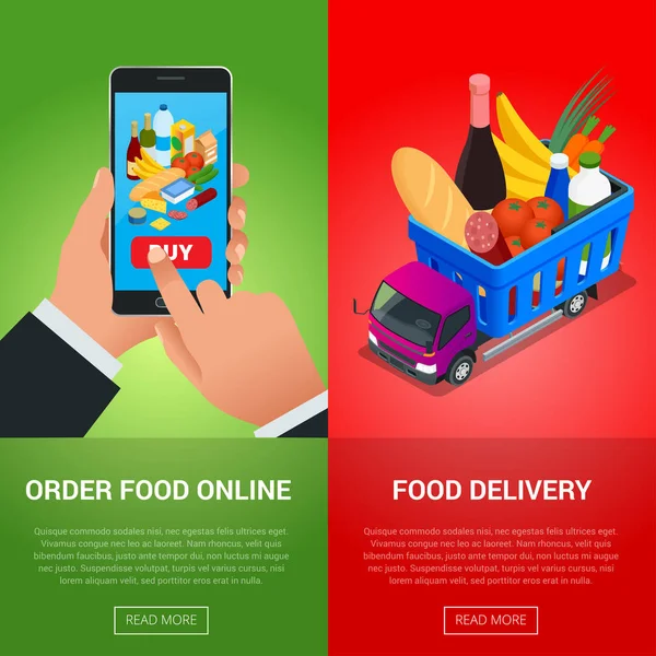 Bannery na webu online objednávku, rozvoz jídel a rozvoz dron. Online nakupování koncept. Izometrické vektorové ilustrace — Stockový vektor